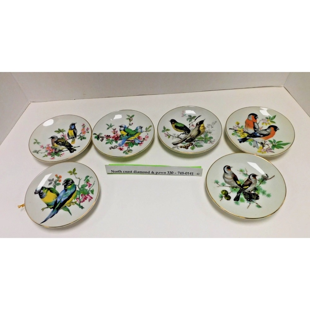 VTG Set of 6 Japanese Bird Mini Plates Gold Rim Decorative Coasters DH09